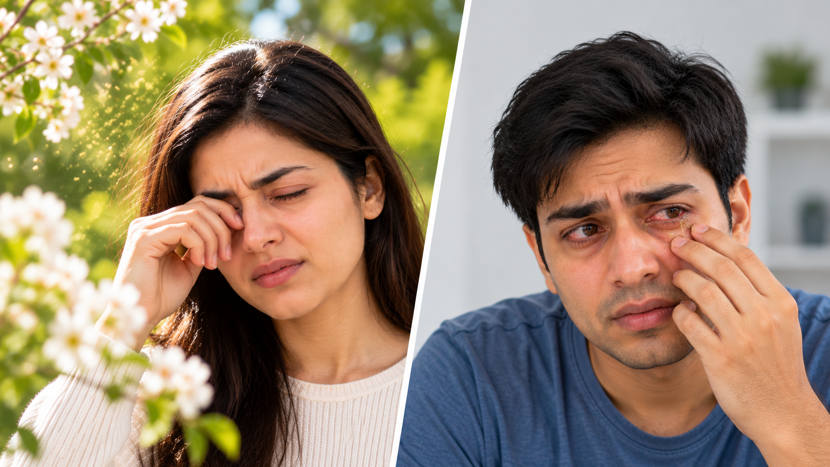 Eye allergies vs eye infections, showing a woman with itchy, watery eyes and a man with a red, irritated eye and discharge.