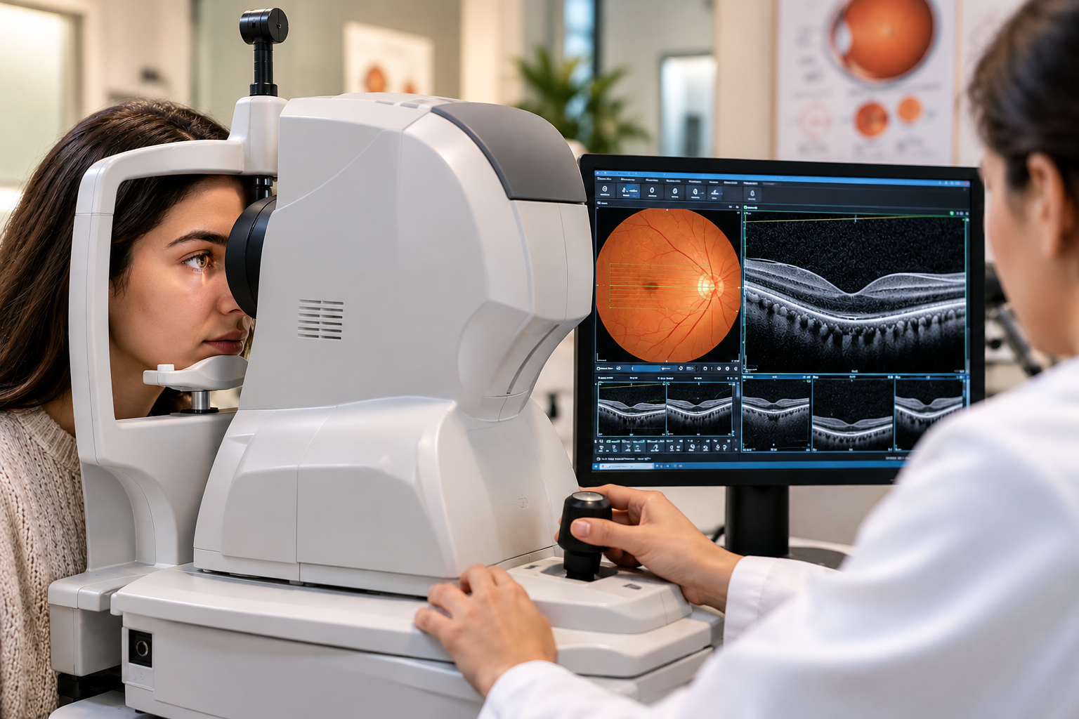 OCT retinal scan in an eye clinic, helping detect glaucoma, macular degeneration, diabetic eye disease, and other retinal conditions.
