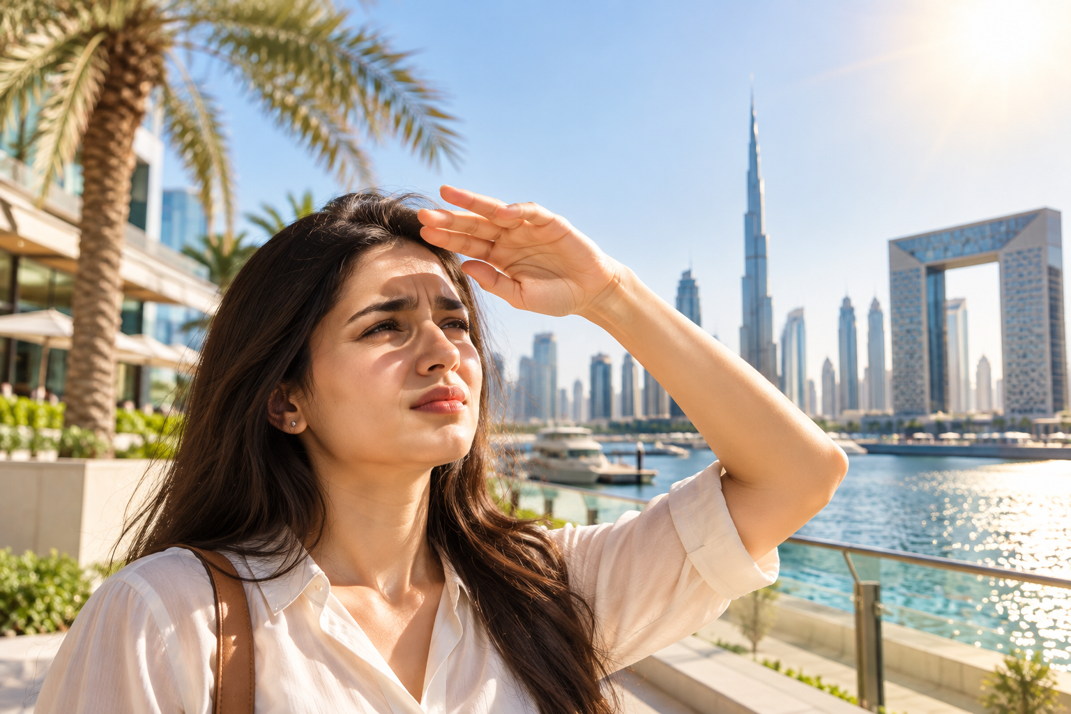Woman shielding her eyes from bright sunlight in Dubai, illustrating light sensitivity (photophobia) and the importance of eye health.