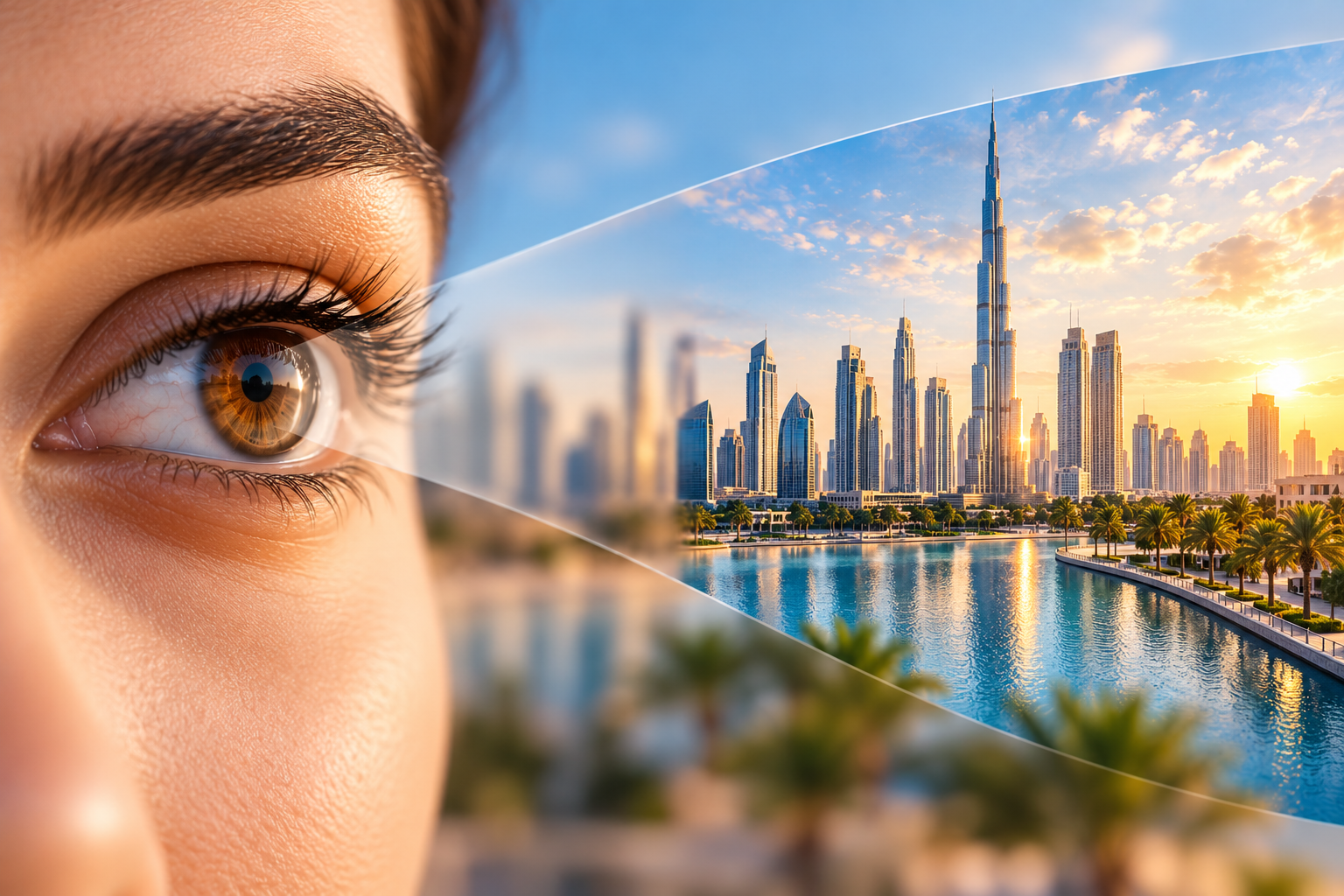 Close-up eye viewing a clear Dubai skyline, illustrating the importance of regular eye examinations and early disease detection.